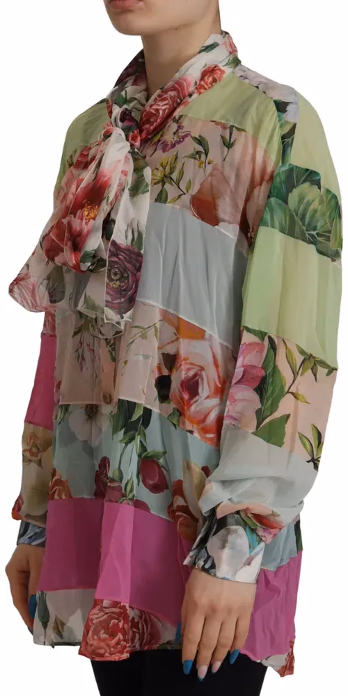 Multicolor  Floral Patchwork Design Ascot Collar Top Blouse