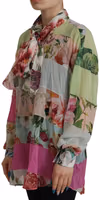 Multicolor  Floral Patchwork Design Ascot Collar Top Blouse 1