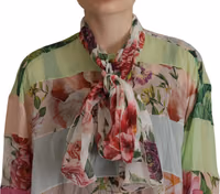 Multicolor  Floral Patchwork Design Ascot Collar Top Blouse 3
