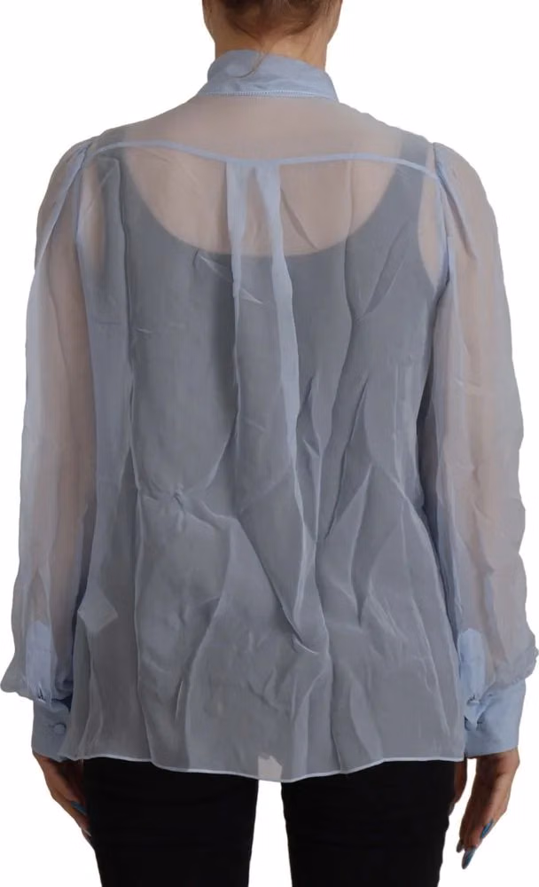 Light Blue Silk Ascot Collar Long Sleeves Top