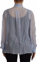 Light Blue Silk Ascot Collar Long Sleeves Top 1