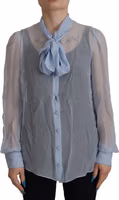 Light Blue Silk Ascot Collar Long Sleeves Top 3
