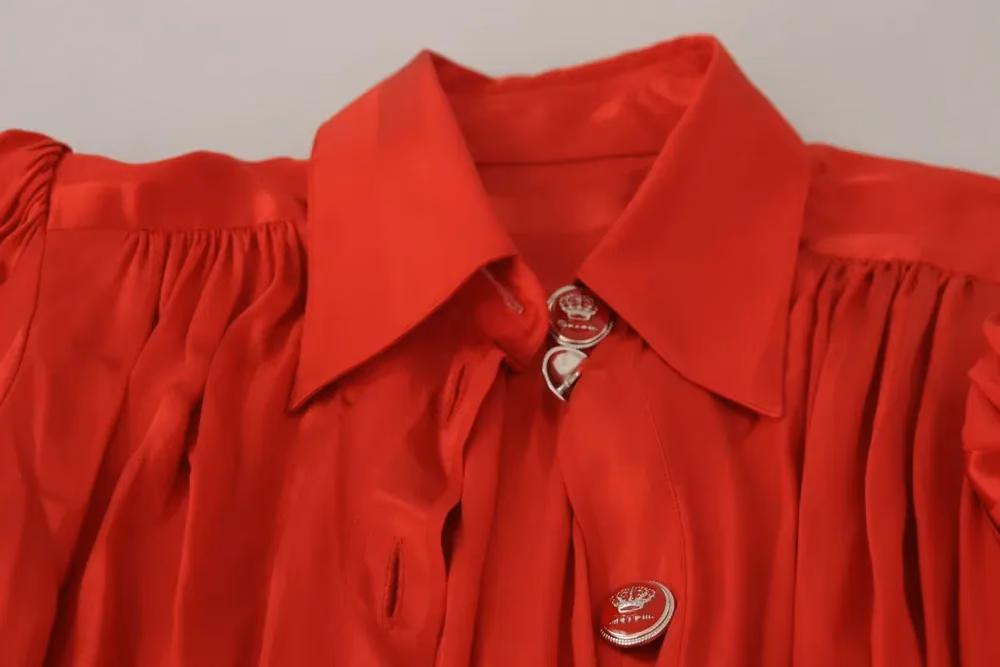 Red Button Down Belted Midi Satin Silk Dress