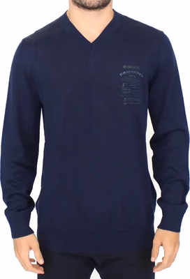 Blue Wool Blend V-neck Pullover Sweater