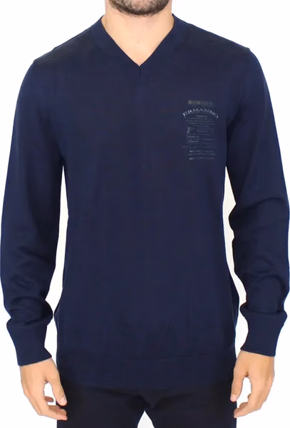 Blue Wool Blend V-neck Pullover Sweater
