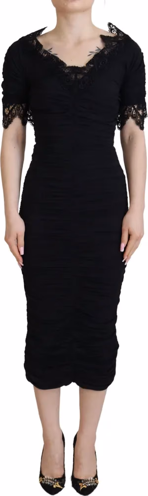 Black Sheath Midi Bodycon Lace Silk Dress