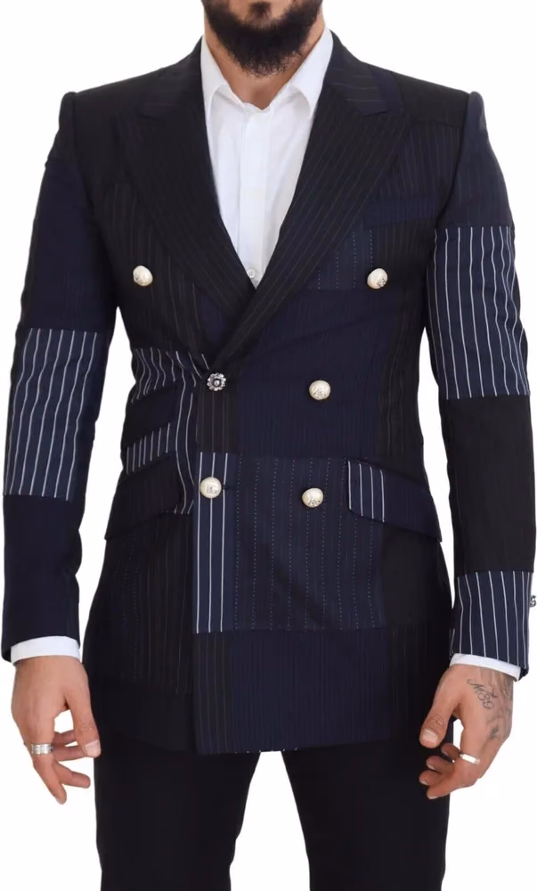 Blue Wool Patchwork Double Breasted Blazer