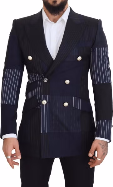 Blue Wool Patchwork Double Breasted Blazer