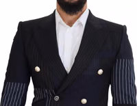 Blue Wool Patchwork Double Breasted Blazer 4