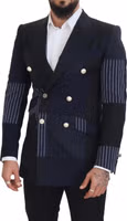 Blue Wool Patchwork Double Breasted Blazer 5