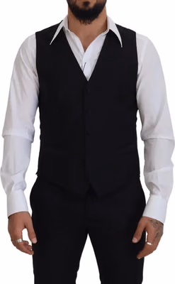 Black Virgin Wool Waistcoat Formal Dress Vest