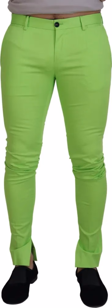 Light Green Cotton Skinny Men Trousers Pants