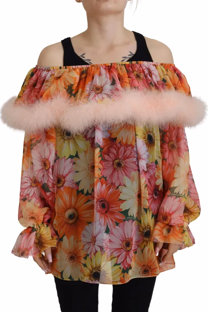Multicolor Floral Fur Shearling Blouse Top