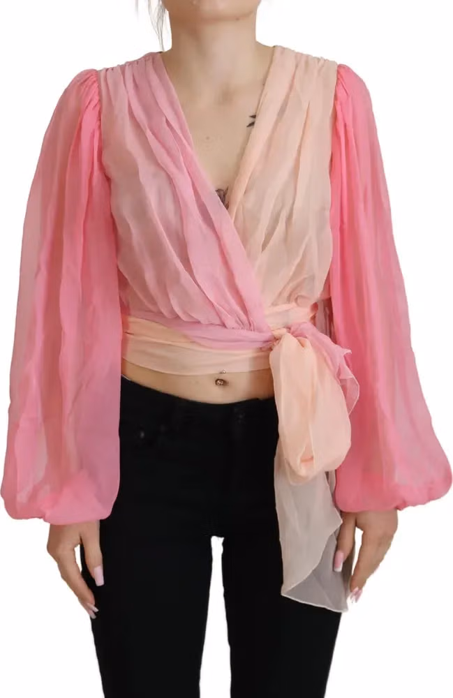 Pink Silk Wrap Long Sleeves Blouse Top