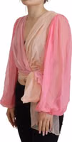 Pink Silk Wrap Long Sleeves Blouse Top 2