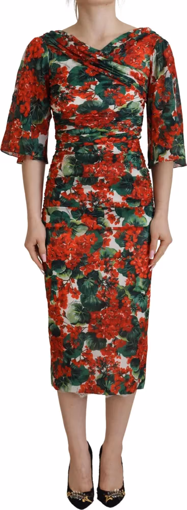 Multicolor Geranium Silk Sheath Midi Dress