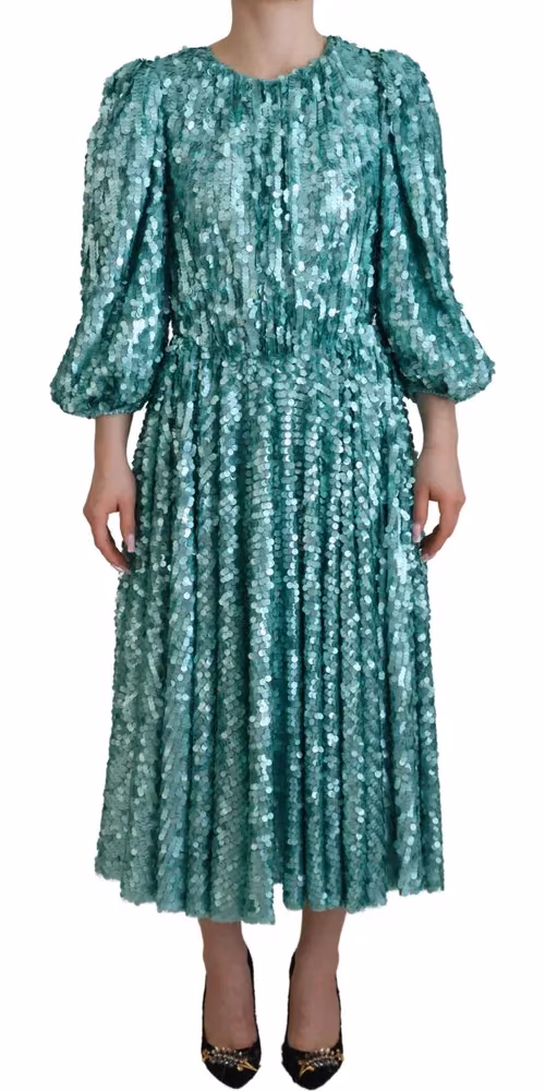 Blue Sequined Pleated Aline Midi Nylon Dress