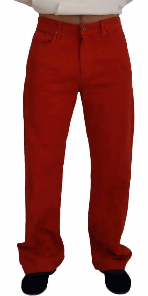 Red Cotton Straight Fit Men Denim Jeans