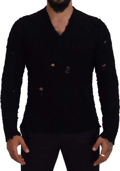 Black Wool V-neck Knitted Pullover Sweater