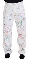 White Cotton Color Splash Print Denim Pants 1