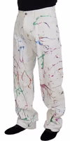 White Cotton Color Splash Print Denim Pants 2