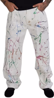 White Cotton Color Splash Print Denim Pants 4