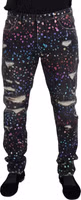 Black Multicolor Print Tattered Denim Jeans 1