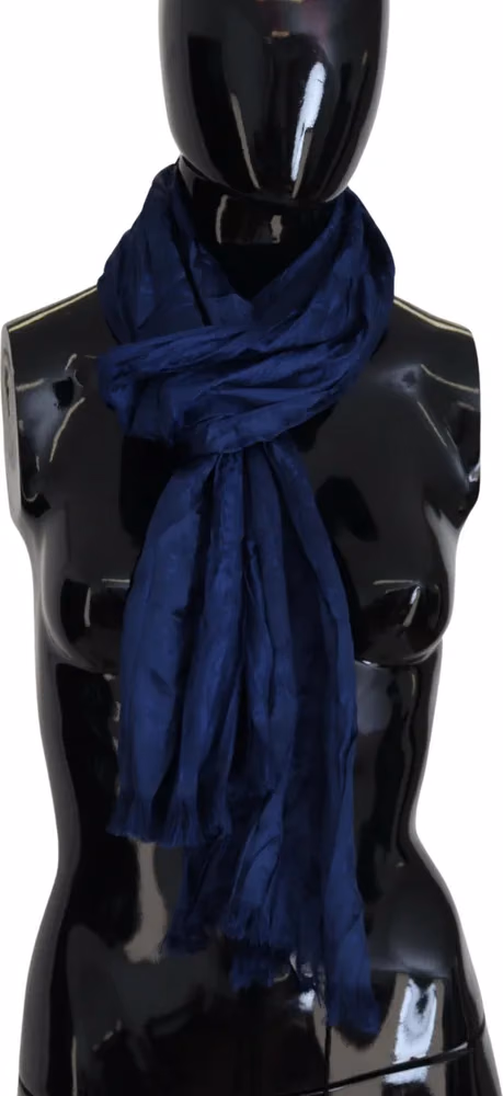 Blue Silk Shawl Foulard Fringes Scarf