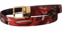 Red Jacquard Rose Leather Gold Metal Buckle Belt 1
