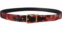 Red Jacquard Rose Leather Gold Metal Buckle Belt 2