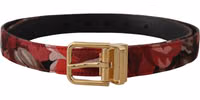 Red Jacquard Rose Leather Gold Metal Buckle Belt 3