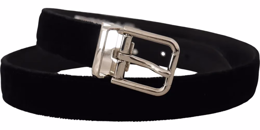 Black Velvet Silver Tone Metal Logo Buckle Belt