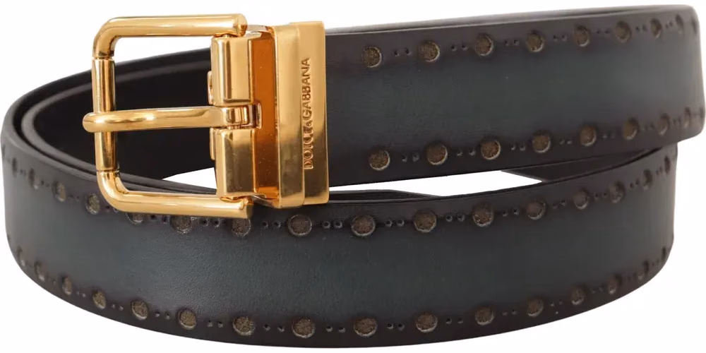 Green Perforated Leather Brass Metal Belt