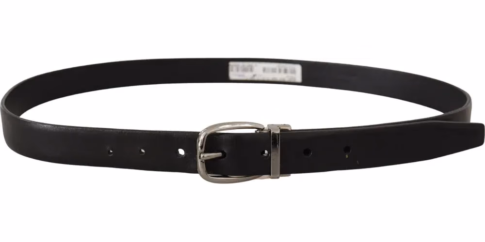 Black Leather Chrome Logo Metal Buckle Belt
