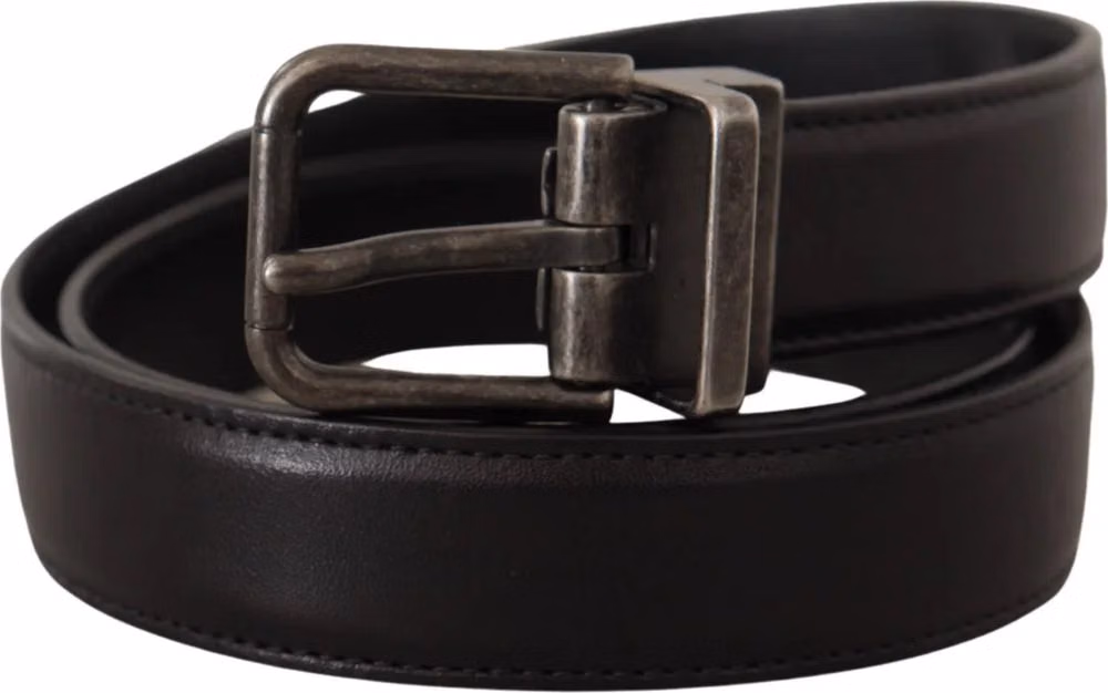 Black Calf Leather Logo Metal Buckle Belt