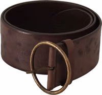 Dark Brown Wide Calf Leather Logo Round Buckle Belt 1