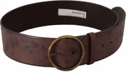 Dark Brown Wide Calf Leather Logo Round Buckle Belt 3