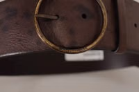 Dark Brown Wide Calf Leather Logo Round Buckle Belt 4
