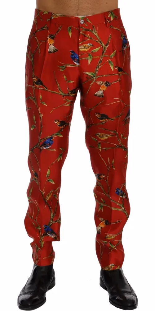 Red Silk Bird Print Dress Pants
