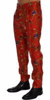 Red Silk Bird Print Dress Pants 2