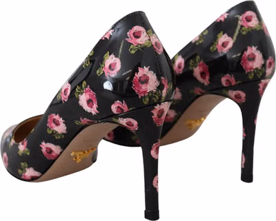Black Leather Floral Heels Stilettos Pumps