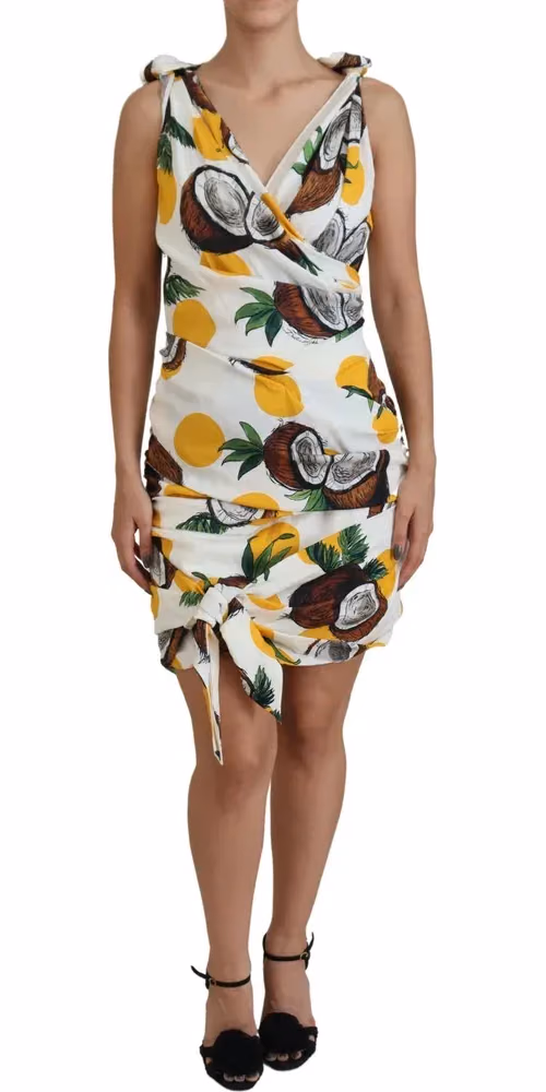 White Coconut Print Sheath Mini Silk Dress
