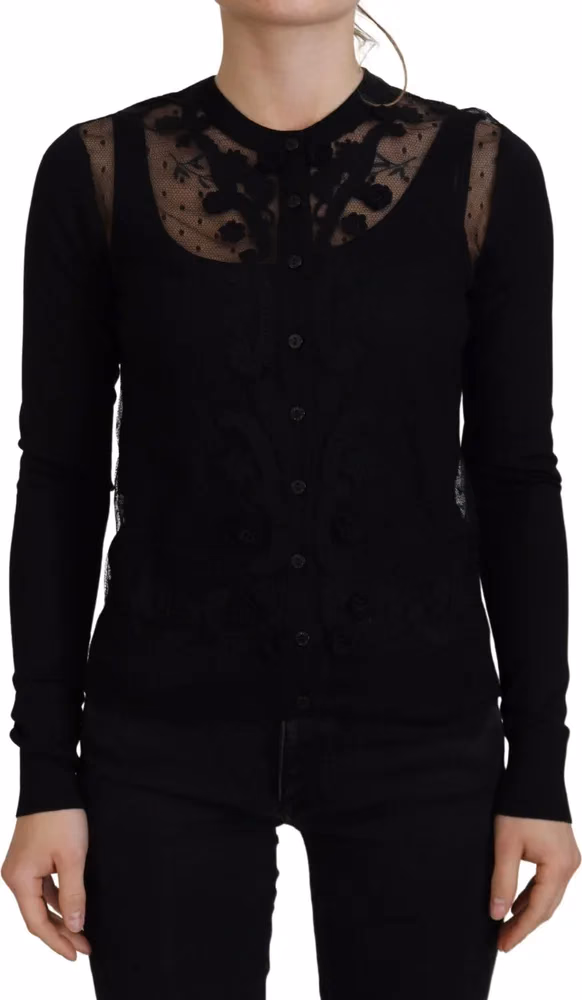 Black Floral Lace Button Cardigan Sweater