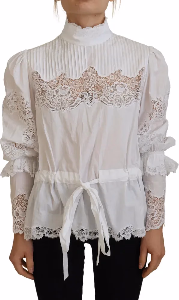 White Cotton Lace Trim Turtle Neck Blouse Top