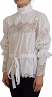 White Cotton Lace Trim Turtle Neck Blouse Top 2