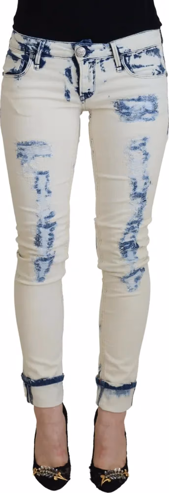 White Blue Cotton Skinny Women Tattered Denim Jeans