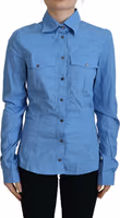 Blue Cotton Long Sleeves Collared Button Down Top 1