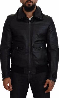 Black Lamb Leather Collared Men Coat Jacket