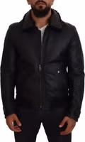 Black Lamb Leather Collared Men Coat Jacket 5