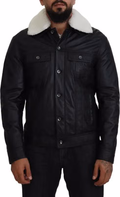 Black Lamb Leather Collared Men Coat Jacket